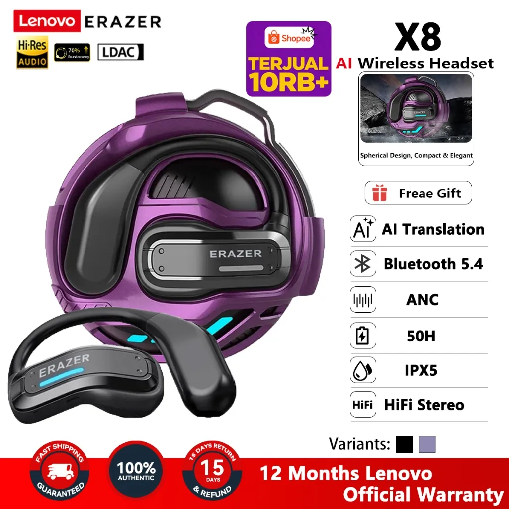 Lenovo ERAZER X8 TWS Headset Wireless Bluetooth 5.4 Open-Ear Earhook Earphone AI Translator Low Latency Long Battery Life IPX5 Waterproof HiFi Suara Dolby Audio ANC Smart Noise Cancelling Super Bass Work Sport Commute Travel
