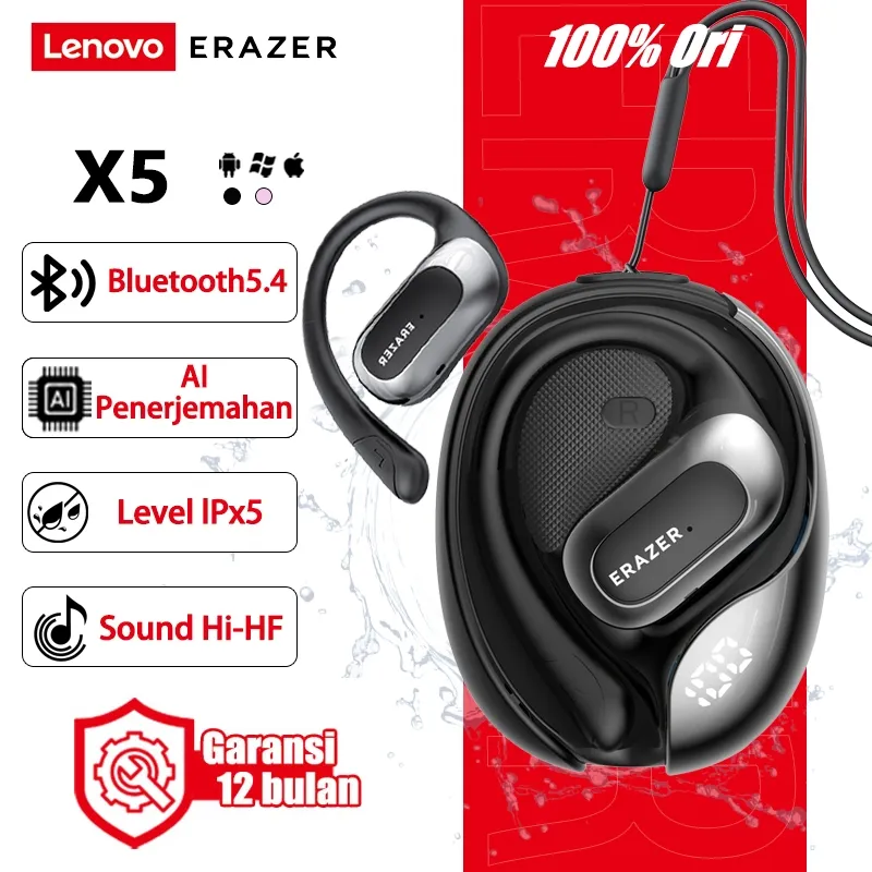 Lenovo ERAZER X5 Earphone Bluetooth TWS AI Terjemahan 134 Bahasa Bluetooth 5.4 HiFi Sound ANC Noise Cancelling IPX5 Waterproof 40 Jam Baterai Panjang Smart Touch Wireless Headset