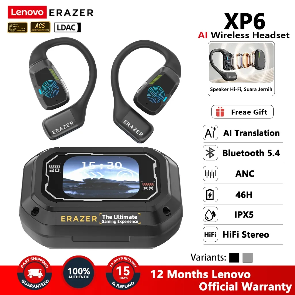 Lenovo ERAZER XP6 TWS Earphone Headset Bluetooth V5.4 Smart Screen Active OWS Noise Reduction Bass Super AI Pintar Multifungsi Headphone Smart Translation Panggilan HD