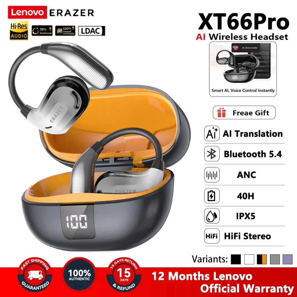 Lenovo ERAZER XT66 Pro Open-Ear Wireless Bluetooth 5.4 Headset TWS Earphone AI Translator Low Latency Long Battery Life IPX5 Waterproof HiFi Suara Dolby Audio ANC Smart Noise Cancelling Super Bass Handsfree Panggilan Gaming Musik Travel Sport Work