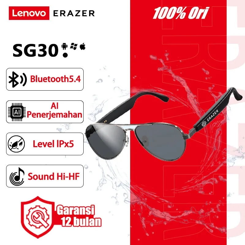 Lenovo ERAZER SG30 AI Smart Glasses Bluetooth Sunglasses Terjemahan 134 Bahasa Face To Face Translation 360 Spatial Audio IPX4 Wireless Headset Waterproof Ergonomic Comfort Anti Blue Light Baterai Panjang