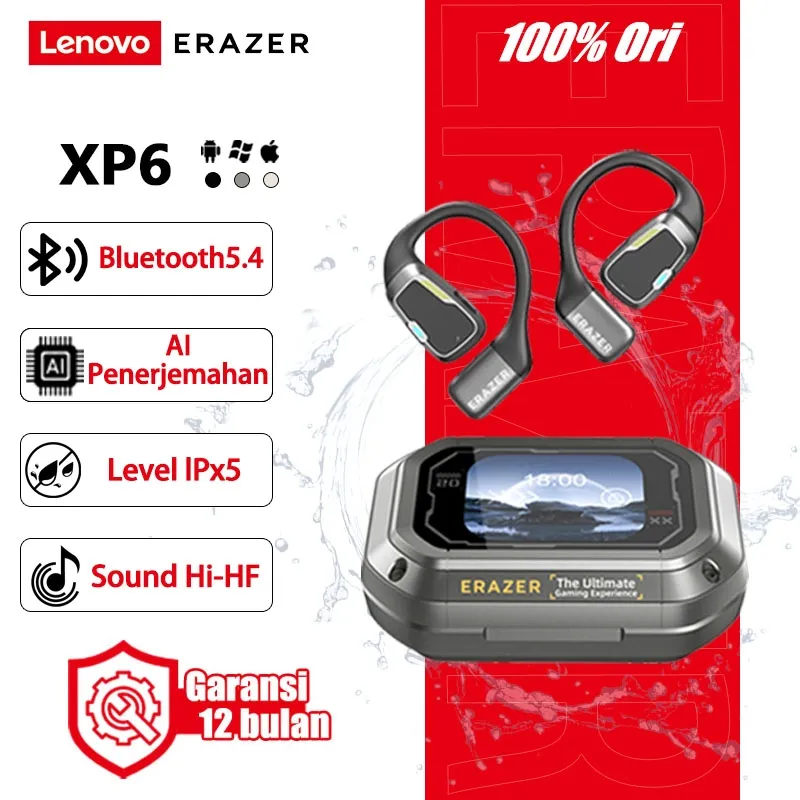 Harga Terbaik *2pcs-5pcs---Lenovo ERAZER XP6 Wireless Headset AI Earphone Open Ear OWS Bluetooth 5.4 TWS Real Time Terjemahan 135 Bahasa AI Dialog Mode 16mm Driver ENC Noise Cancelling Baterai Panjang Anti Lost Smart Touch