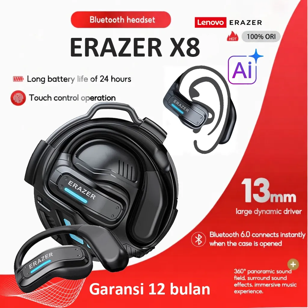 Lenovo ERAZER X8 Open Ear Wireless Bluetooth TWS Sport Hanging Ear Earphone Bluetooth 5.4 AI Terjemahan Sleep Mode 60 Jam Baterai Panjang Smart Touch Gaming Music Dual Translation Headset