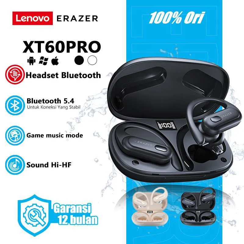 Lenovo ERAZER XT60PRO TWS Hanging Ear In-Ear Earphone Bluetooth 5.3 AI Terjemahan Wireless Headset Smart Digital Display 400mAh Baterai Panjang 24 Jam ENC Noise Cancelling IPX5 Waterproof Sport Comfort