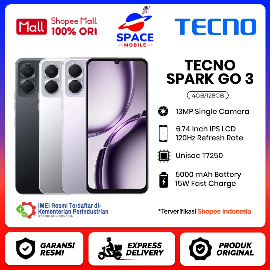 Tecno Spark Go 3 [4GB+128GB] - Garansi Resmi 1 Tahun