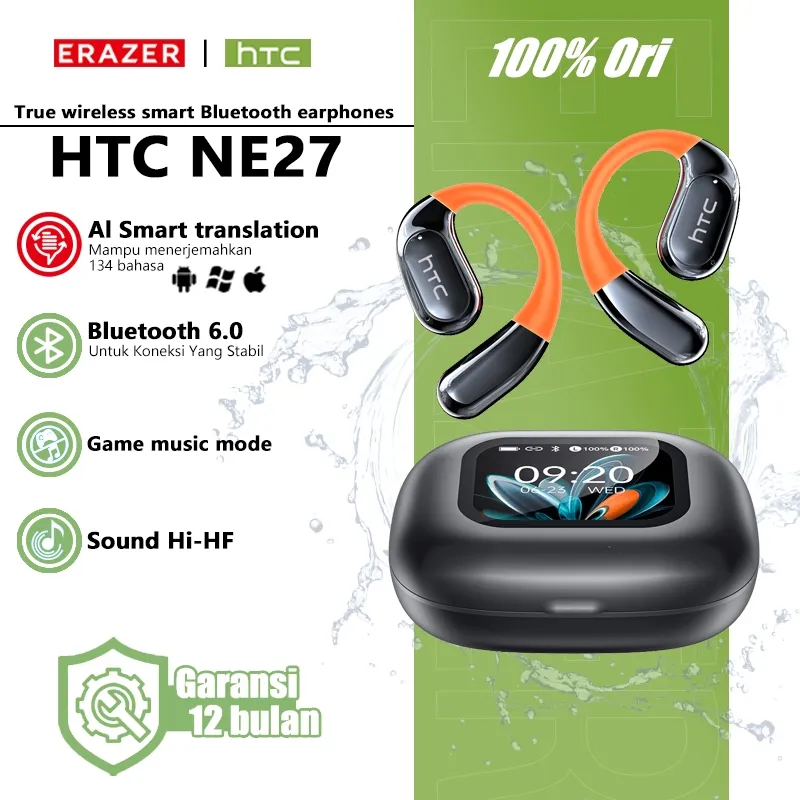 HTC NE27 Earphone Bluetooth TWS AI Terjemahan 134 Bahasa Touch Screen Translation Bluetooth 5.4 9D Surround Sound ENC Noise Cancelling HiFi Sound IPX5 Waterproof Smart Touch Display Directional Audio Wireless Headset Sports OWS APP Positioning