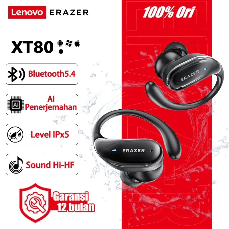 Lenovo ERAZER XT80Pro Earphone Bluetooth TWS ANC Noise Cancelling Bluetooth 5.4 HiFi Dynamic Bass Boost IPX5 Waterproof 46 Jam Baterai Panjang ENC Smart Touch Wireless Headset