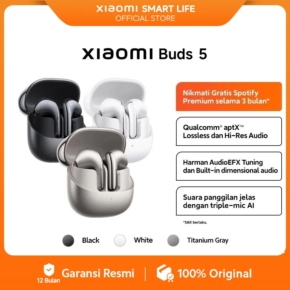 Xiaomi Buds 5 | Qualcomm® aptX™ Lossless dan Hi-Res Audio | Harman AudioEFX | Triple-mic AI | TWS [Official Store XIAOMI]