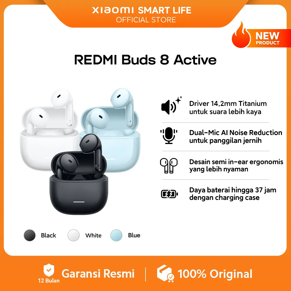 Xiaomi Redmi Buds 8 Active | Driver 14,2mm Titanium | Dual-Mic AI Noise Reduction | Desain semi in-ear ergonomis | Baterai hingga 37 jam charging case | TWS Earphone Bluetooth [Xiaomi Official Store]