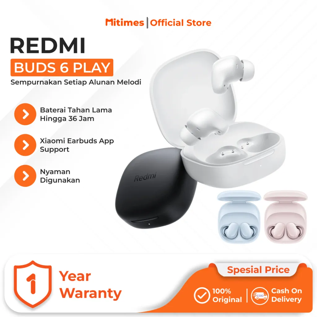 Xiaomi Redmi Buds 6 Play | Google Fast Pair | IPX4 | Bluetooth 5.4 | Bateai Tahan 36 Jam