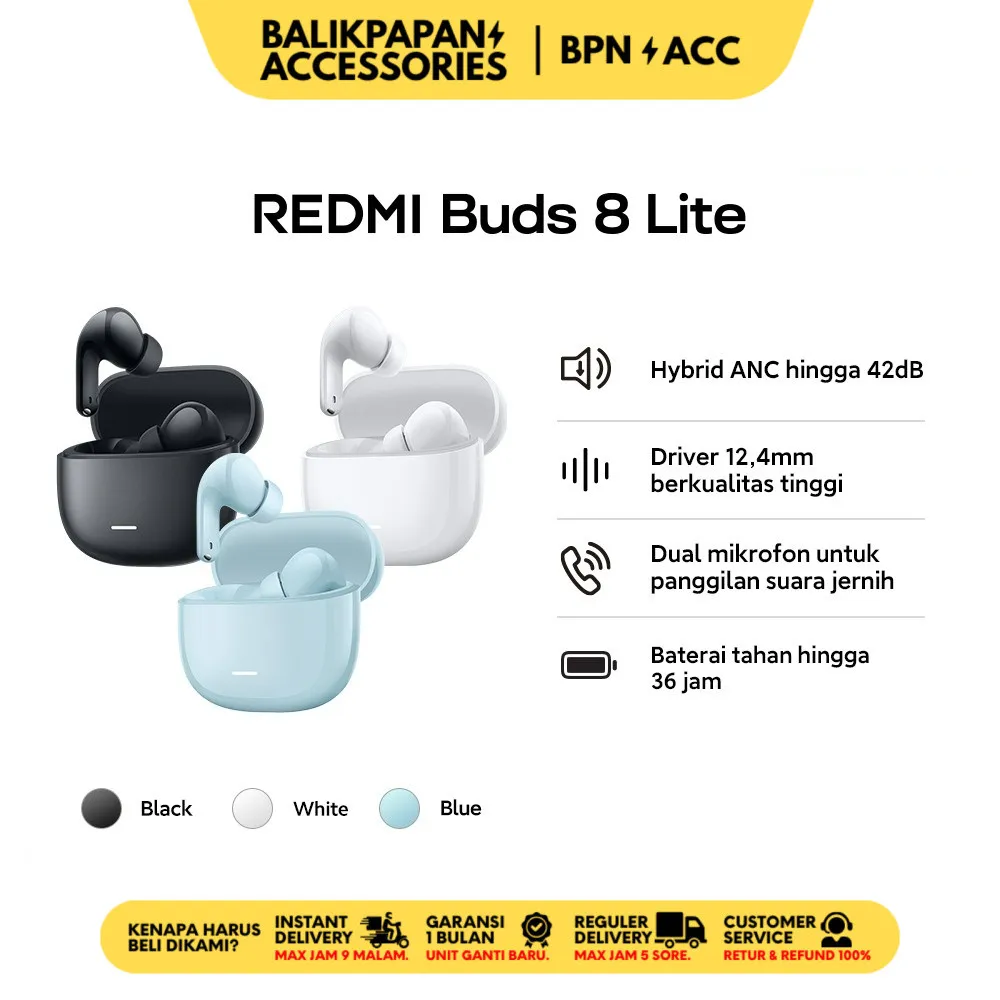 Xiaomi Redmi Buds 8 Lite | Hybrid ANC hingga 42dB | Driver 12,4mm berkualitas tinggi | Dual mikrofon untuk panggilan suara jernih | Baterai tahan hingga 36 jam | Headset Bluetooth [Xiaomi Official Store]