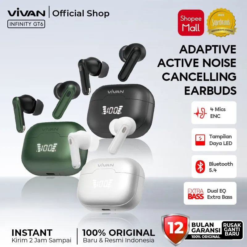 [NEW] VIVAN TWS Adaptive ANC ENC Infinity GT6 Dual EQ Bass Gaming BT 5.4 Low Latency Garansi 12Bulan