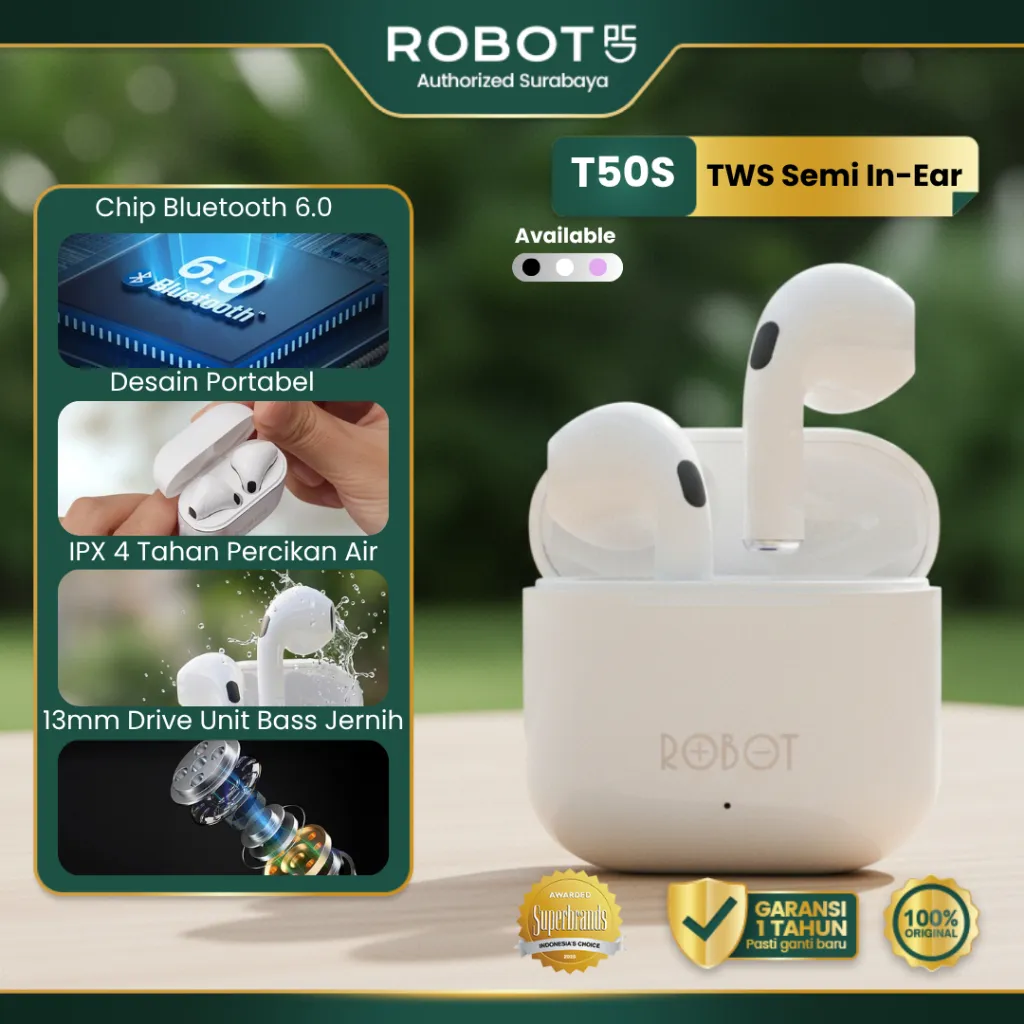 ROBOT TWS Headset Bluetooth Wireless Earbud IPX4 Water Proof Earphone Airbuds Tahan Percikan Air Keringat BT Chip 6.0 Semi-In-Ear Original Garansi 1 Tahun - T50S