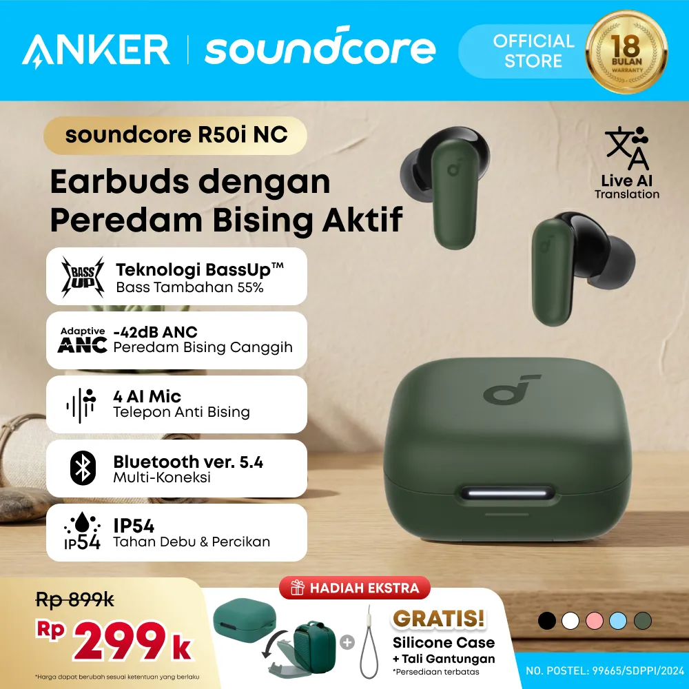 (NEW LAUNCH) Soundcore Anker R50i NC Earbuds Adaptive Noise Canceling Headset Earphone Bluetooth 5.4 TWS Low Latency for Game Long Battery 4 Mics IP54 - A3959