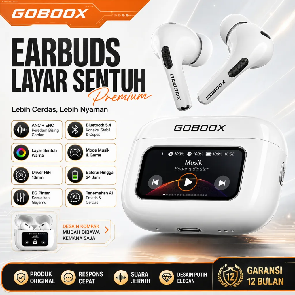 GOBOOX Headset Earphone TWS Bluetooth 5.4 Wireless / Terjemahan AI / ANC&ENC / 12 Menu Sentuh / EQ Equalizer / Super Full Bass / Suara Sekitar 360° / IPX5 Tahan Air (Free: 1 Lanyard + 6 Earplugs)