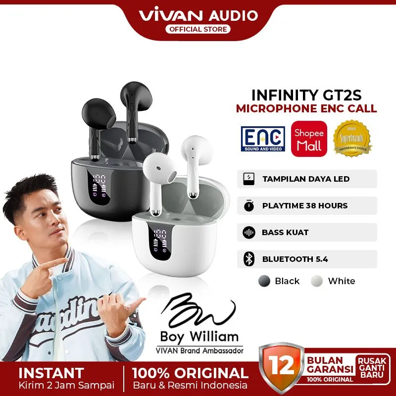VIVAN TWS ENC Latensi Rendah 38ms Bluetooth 5.4 Extra Bass GT2S Garansi 12 Bulan