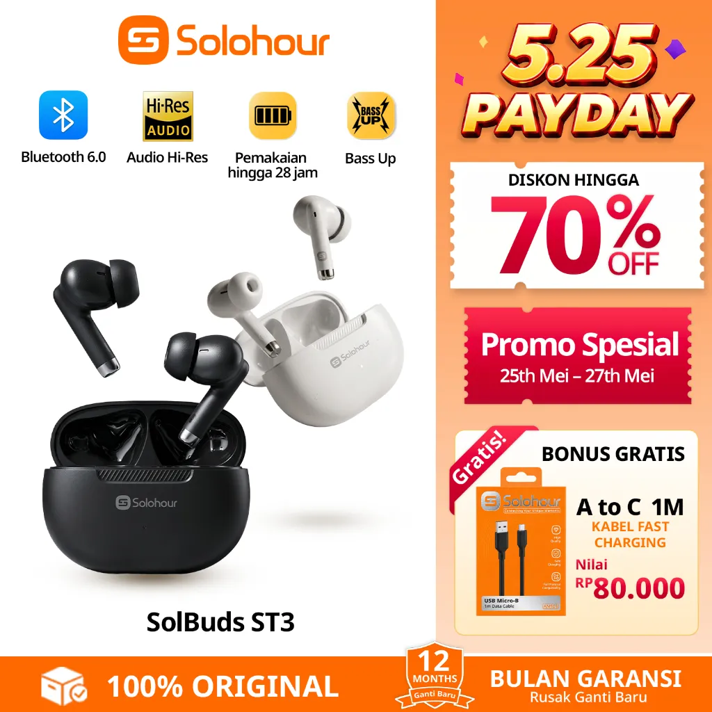 Solohour ST3 TWS Earphone Bluetooth 6.0 Headphones Wireless Sports Bass Noise Reduction Battery Efficient 20hr Quick Pairing with Mobile Phone