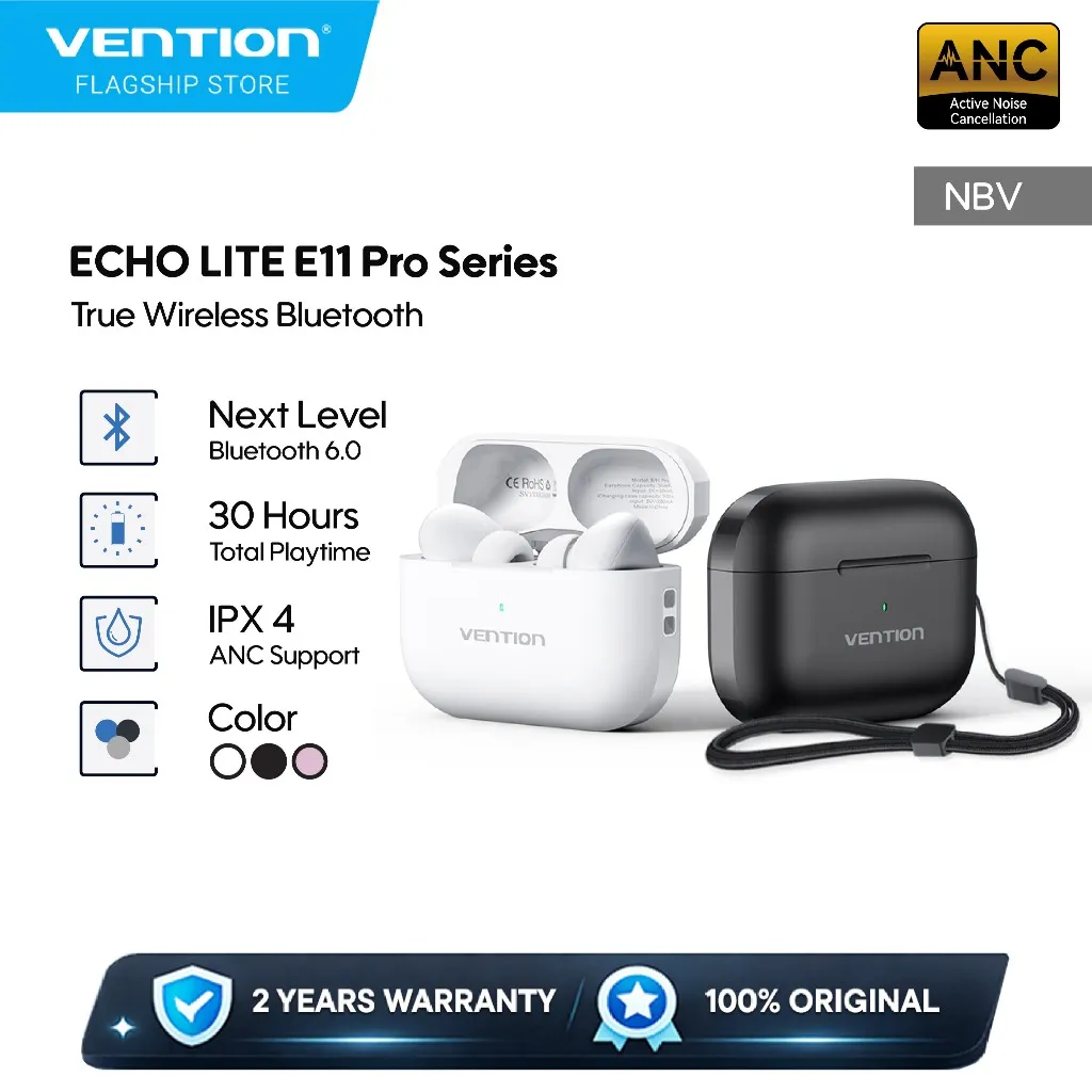 Vention Echo Lite E11 Pro TWS ANC True Wireless Bluetooth 6.0 IPX 4 Earphones Earbuds  Wireless Charging - NBV-PRO