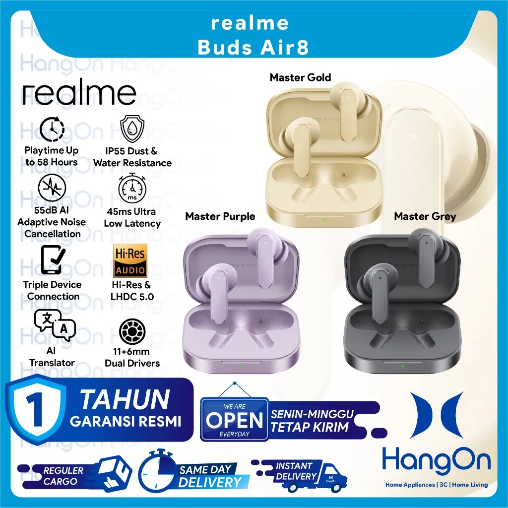 Realme Buds Air 8 11+6mm Dual Drivers | 55dB AI Adaptive Noise Cancellation | Hi-Res Professional Certification & LHDC 5.0 High-Fidelity Transmission | Master Design | AI Translator | IP55 Dust & Water Resistance | 58-Hour Playback Earbud Earphone Air8