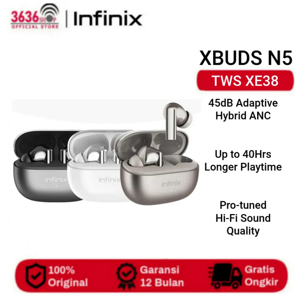 Infinix - TWS XE38 - XBUDS N5 - 40 Hour Play Time - 500 mAh - AI ENC (4 Mic) - Active Noice Cancelling - IP54 - Black