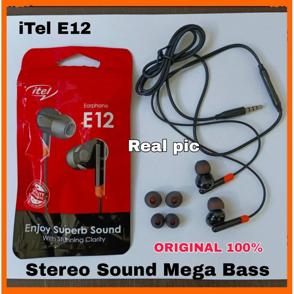 Earphone Headset itel E12 Original Stereo Sound Mega Bass -Headset/Handfree Original