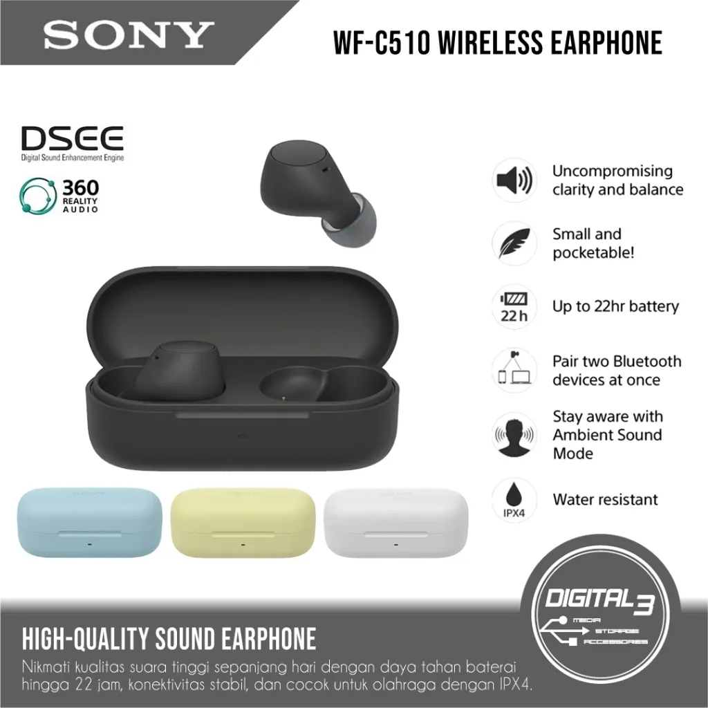 SONY WF-C510 Truly Wireless Earphone Bluetooth DSEE Headset with Microphone Clear Calls IPX4 Water Resistance Sport Portable Universal