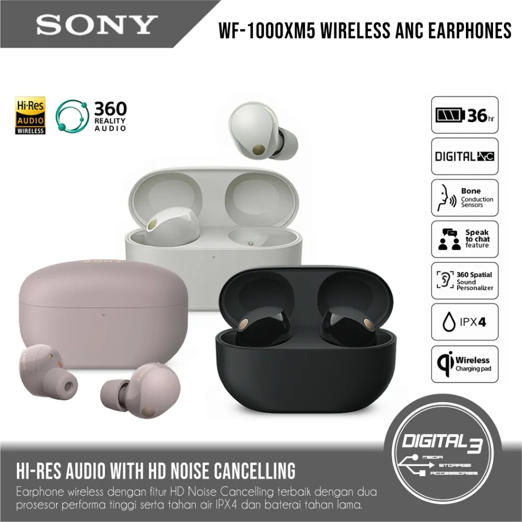 SONY WF-1000XM5 Noise Cancelling Earphone Wireless Bluetooth DSEE In-Ear Headset ANC with Microphone Clear Calls IPX4 Water Resistance Sport Portable Universal