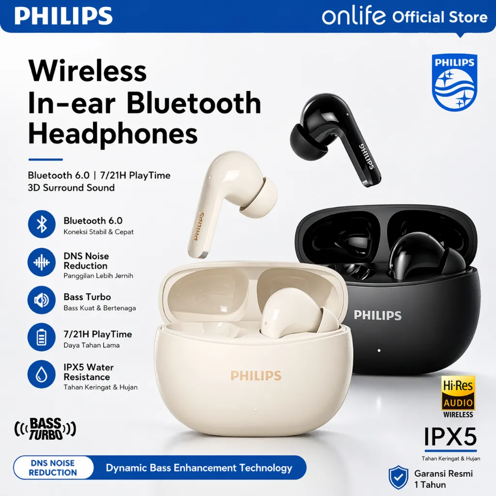 Philips TWS True Wireless Earphone Earbuds Bluetooth 6.0 28H Play Time DNC Noise Reduction IPX5 Punchy Bass Headset Bluetooth - TAT1320