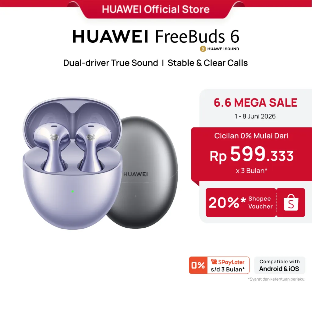 [6.6 | Voucher s/d 20%] HUAWEI FreeBuds 6 | Dual-driver True Sound | Stable & Clear Calls | Ear-fitting Wearing