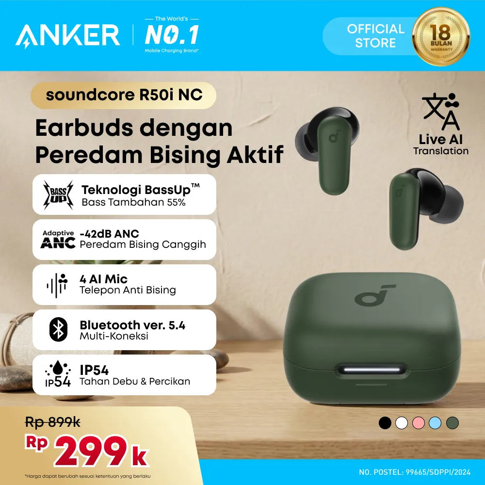 (NEW LAUNCH) Soundcore by Anker R50i NC Earbuds Adaptive Noise Canceling Headset Wireless Earphone Bluetooth 5.4 TWS Low Latency for Game Long Battery 4 Mics IP54 - A3959