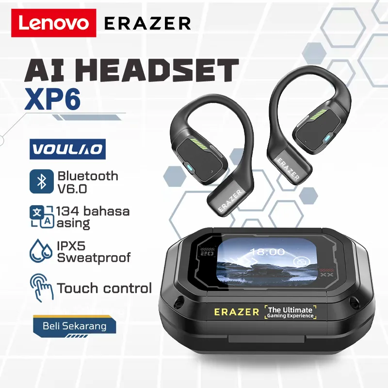 VOULAO X Lenovo ERAZER XP6 Headset Bluetooth terjemahan AI True wireless Bluetooth earphones V5.4 OWS TWS Open Ear earphone tws earhook headset olahraga earphone sport IPX5 HIFI Bass