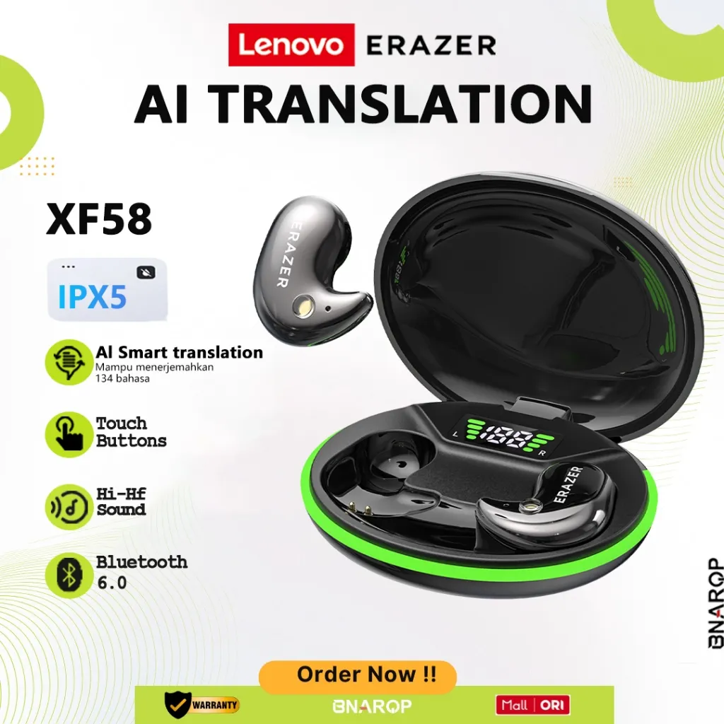 Lenovo ERAZER XF58 AI Terjemahan Headset Headphone wireless Bluetooth V6.0 TWS OWS Mini Earbuds Sleep Earbuds Headphones Handset Umur baterai yang luar biasa Sports Indikator baterai menampilkan sisa daya baterai.