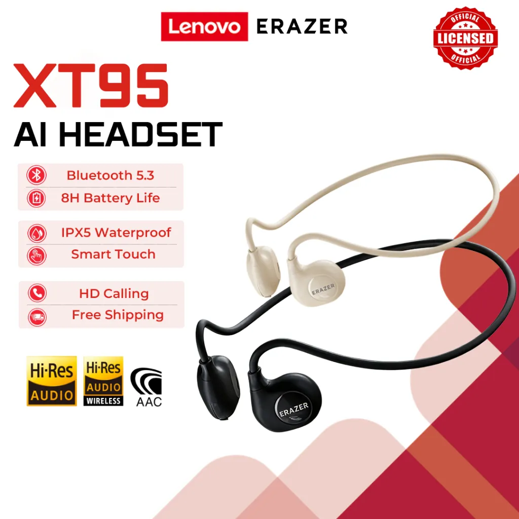 Lenovo ERAZER XT95 MAX Headset Bluetooth V5.3 Open Ear Sport Earphone Wireless Air Bone Conduction headphone HiFi Stereo IPX5 Tahan air dengan Mik