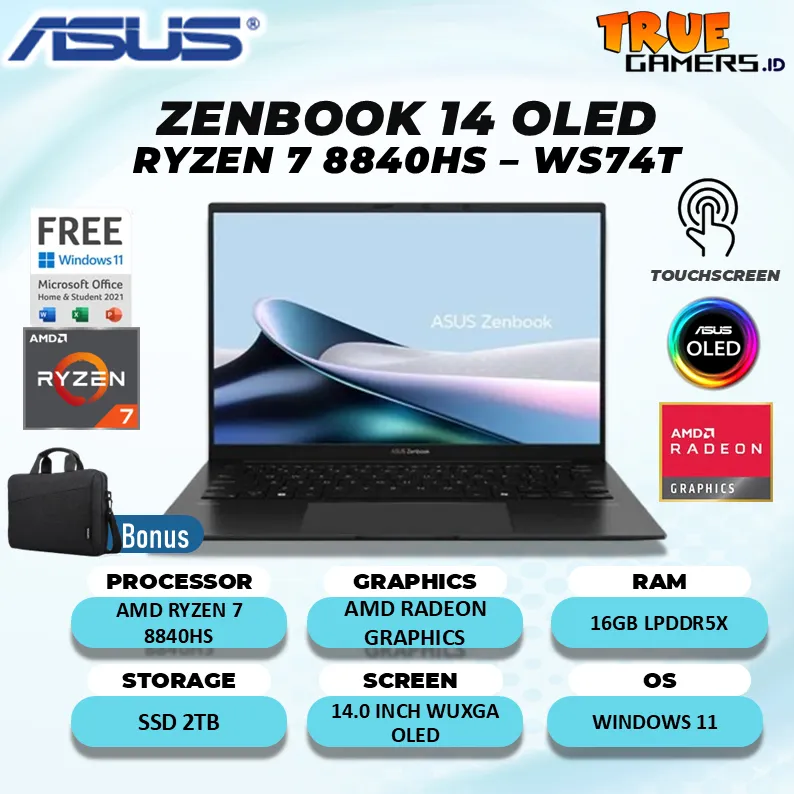 Laptop Asus Zenbook 14 Oled UM3406HA Touch Ryzen 7-8840 16GB 1TB SSD Win11 + Office 14.0"Oled 2.8k