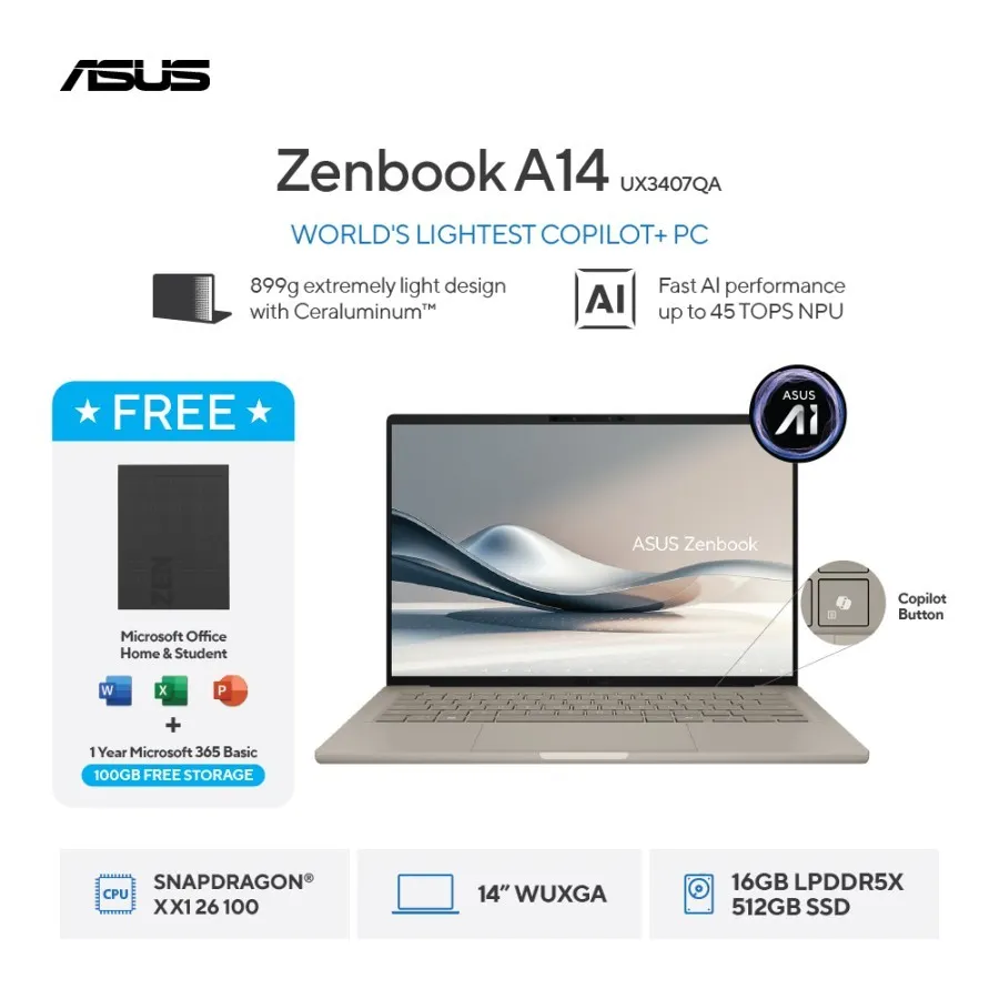 [FREE MOUSE] ASUS Zenbook A14 UX3407QA [Snapdragon X  X1 26 100 / Qualcomm Adreno GPU / 16GB / 512GB - 1TB / 14inch / WIN11 / OPI 2024 / M365]