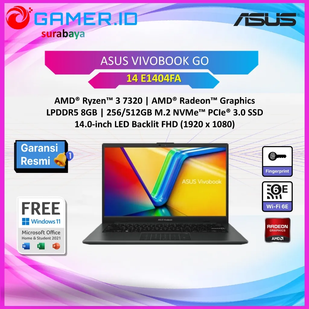 LAPTOP ASUS VIVOBOOK GO 14 E1404FA RYZEN 3 7320 - 8GB 256/512GB 14.0FHD