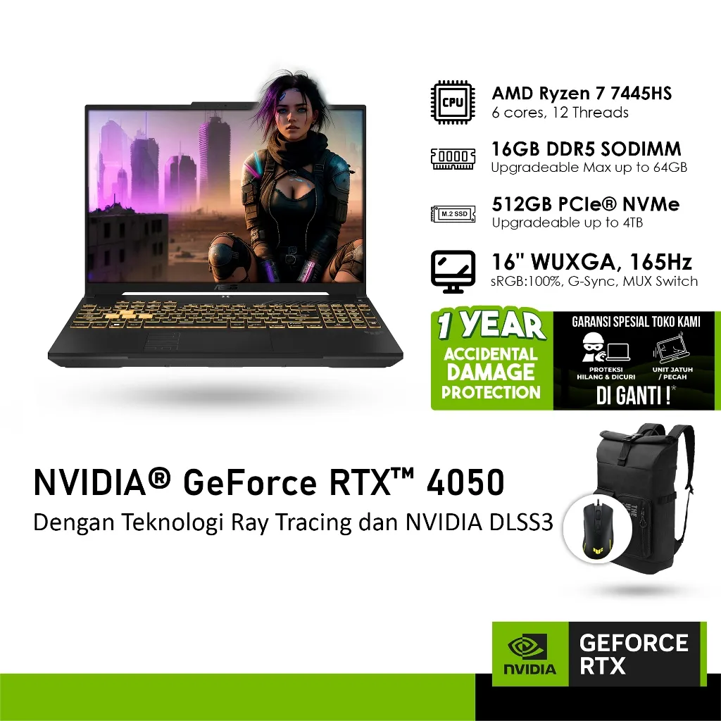 ASUS TUF A16 FA607NUG GeForce RTX™ 4050 6GB - RYZEN 7 7445HS 16GB 512GB WINDOWS 11 15.6 INCH FHD+ IPS