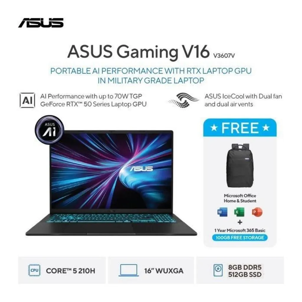 (FREE MOUSE) ASUS Gaming V16 V3607VJ-I535B1T-HM - Matte Black [Intel Core 5 Processor 210H / NVIDIA GeForce RTX 3050 / 8GB / 512GB / 16inch / WIN11 / OHS24 / M365]