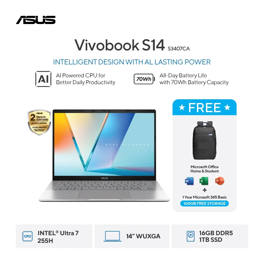 (FREE MOUSE) ASUS Vivobook S 14 S3407CA-VIPS7112M – Cool Silver [Intel Core Ultra 7 255H / Intel UHD Graphics / 16GB / 1TB / 14inch / WIN11 / OHS24 / M365]