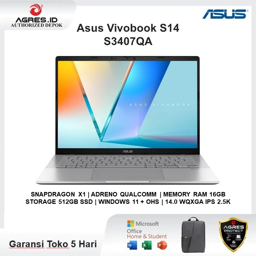 Laptop ASUS Vivobook S14 S3407QA Snapdragon X1 16GB 512GB Win 11 OHS 14.0 inci WQXGA IPS 2.5K