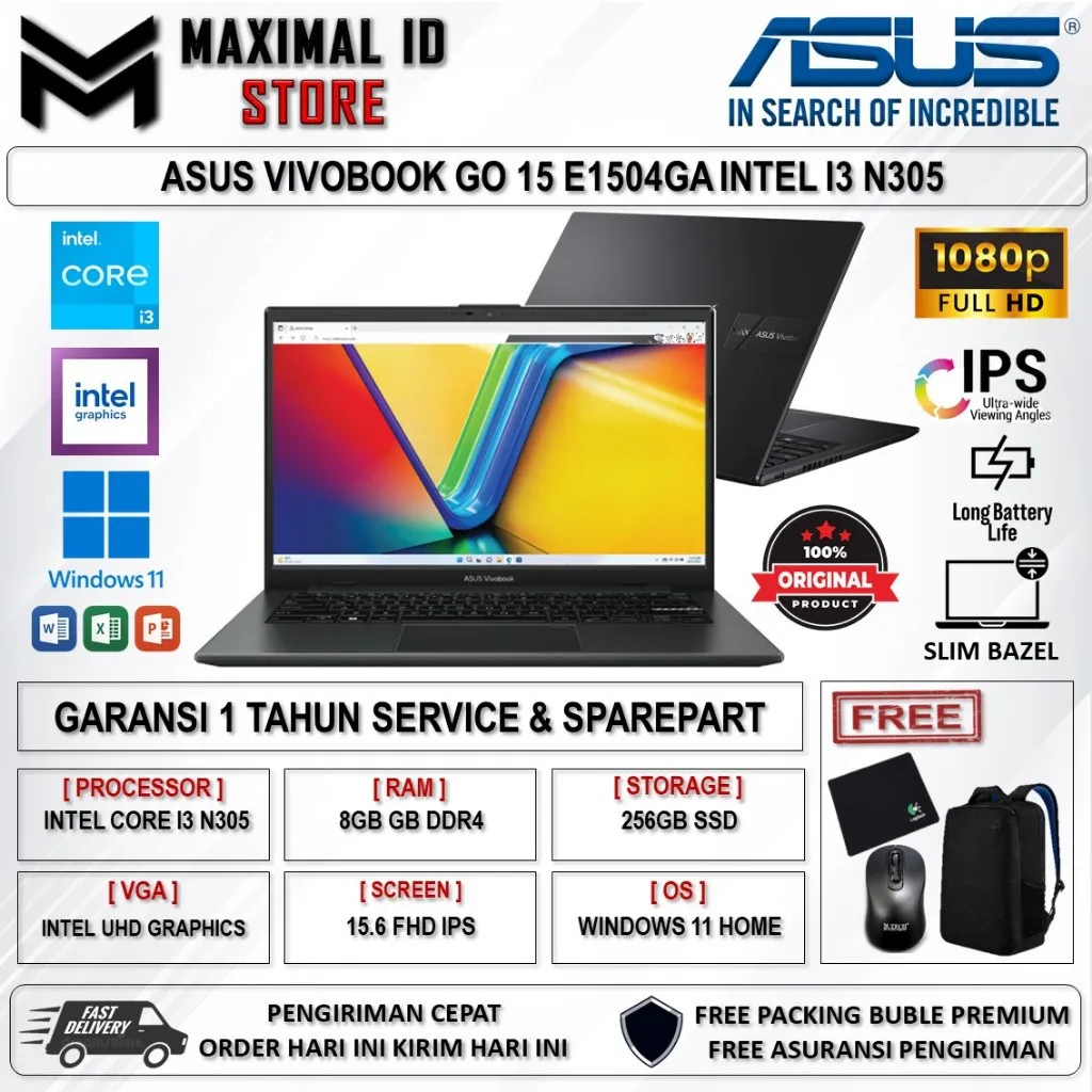 Laptop Asus Vivobook Go 15 E1504GA Intel Core I3 N305 8GB 256GB 15.6 FullHD Windows 11 Home