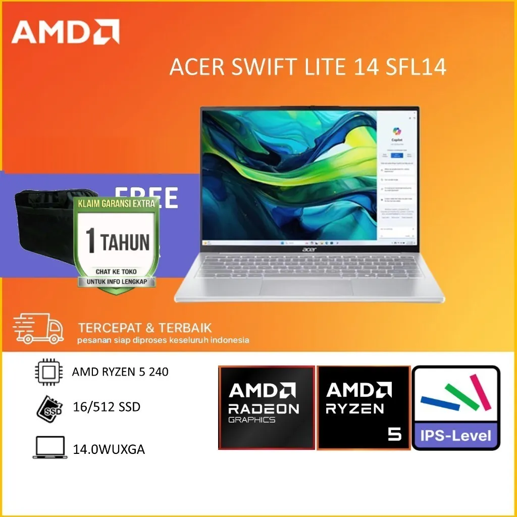 ACER SWIFT LITE 14 SFL14 RYZEN 5 240 RAM 16GB 512GB W11+OHS 14.0WUXGA IPS SILVER - 41M.R5D2