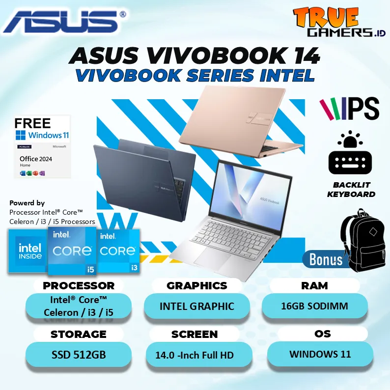 Laptop Asus Vivobook 14 Intel Prosesor RAM 16GB SSD 512GB Windows 11+Office 14.0-Inch Full HD IPS