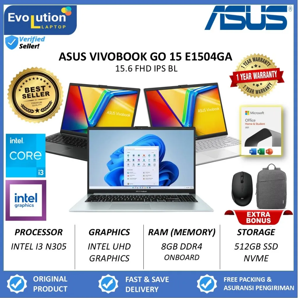 Laptop Asus Vivobook GO 15 E1504GA Intel I3 N305 Ram 8GB 512GB SSD 15.6 FHD Windows 11 Home Original