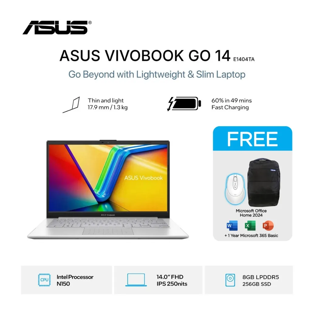 ASUS Vivobook Go 14 E1404TA Intel N150 256GB SSD 8GB FHD IPS Win11+OHS