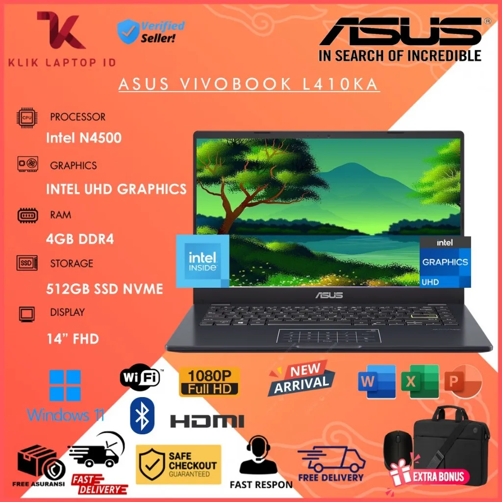 Laptop Termurah ASUS VIVOBOOK L410MA/E410KA Intel N4500 8GB 512GB SSD 14in FHD Win11 Home