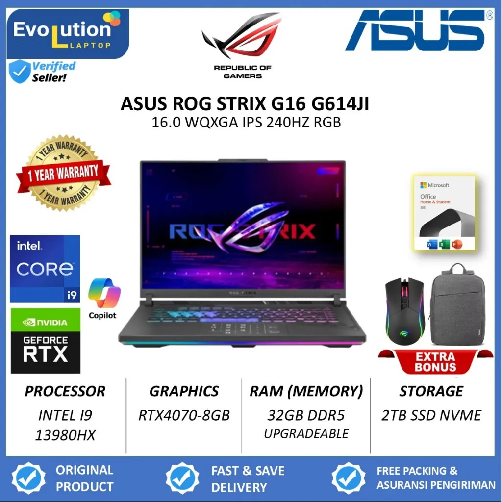 Laptop Gaming Asus ROG Strix G16 INTEL i9 13980HX 32GB DDR5 1TB RTX4070-8GB 16.0 WQXGA IPS Windows11