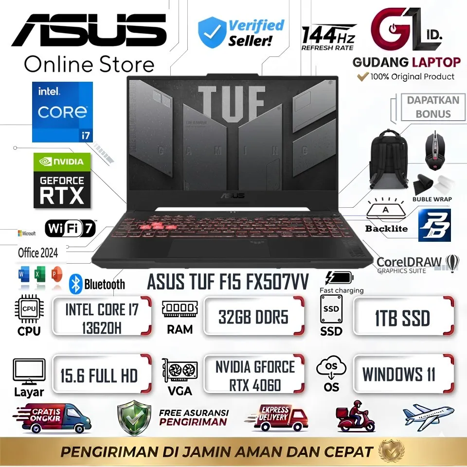 new Laptop Asus TUF Gaming F15 FX507VV Intel i7 13620H 32GB 1TB Nvidia RTX4060 8GB 15.6FHD IPS 144Hz