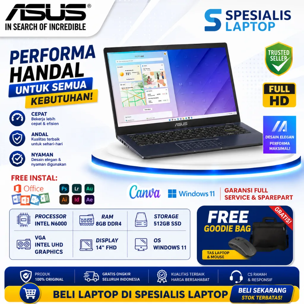 LAPTOP SLIM DESIGN Asus Vivobook E410KA / E410MA / L410MA / L510MA N4020 N4500 N5030 512GB SSD