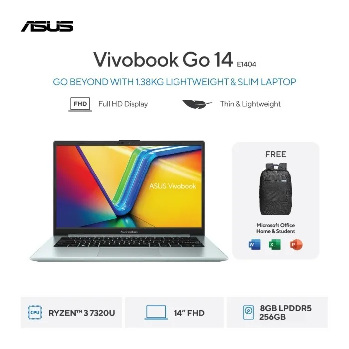 ASUS VivoBook Go 14 E1404FA-VIPS3822M - Green Grey [AMD Ryzen 3 7320U / AMD Radeon Graphics / 8GB / 256GB / 14inch / WIN11 / OHS24 / M365]